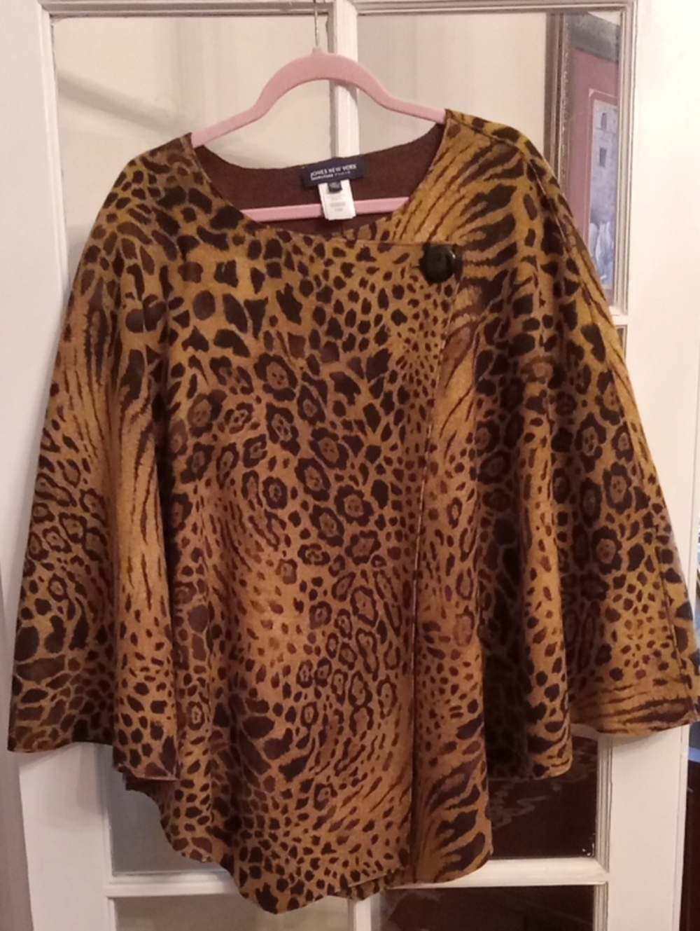 Jones New York Wool Leopard Cape Poncho Reversible Mob Wife Statement Coat EUC